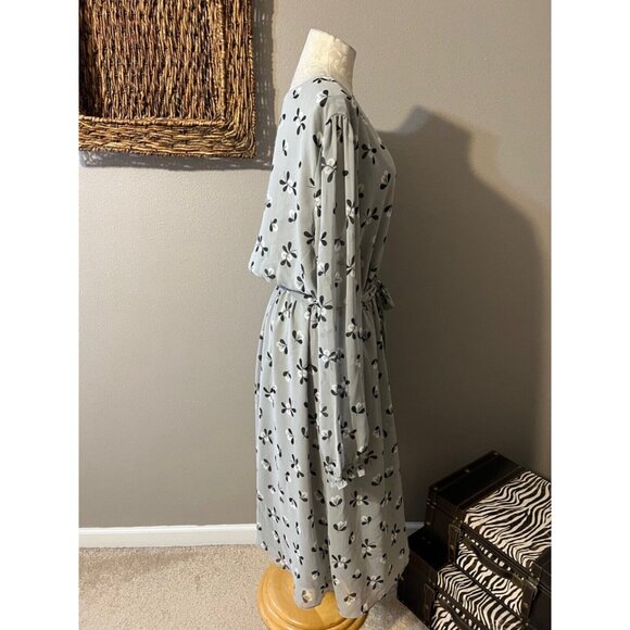 Anne Klein Dress Gray Black Floral XL Extra Large Long Sleeve Blouson Flowy - Picture 6 of 6